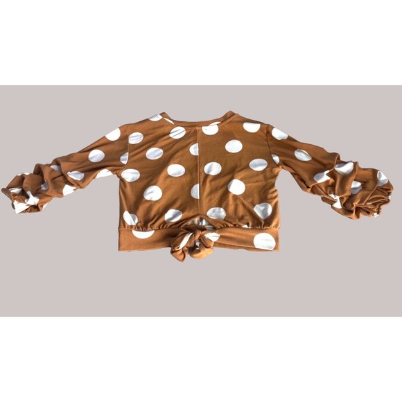 Haute Monde Top SZ S Ruched Sleeves  Polka Dot Tie Back - Picture 2 of 4